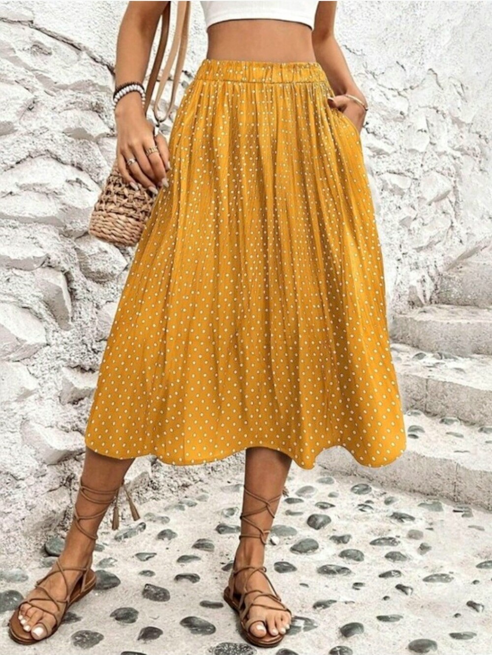 EXLURA High Waist Polka Dot Pleated Skirt